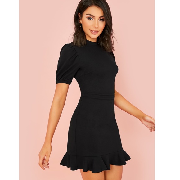 Puff Sleeve Ruffle Detail Black Mini Dress - Picture 2 of 9
